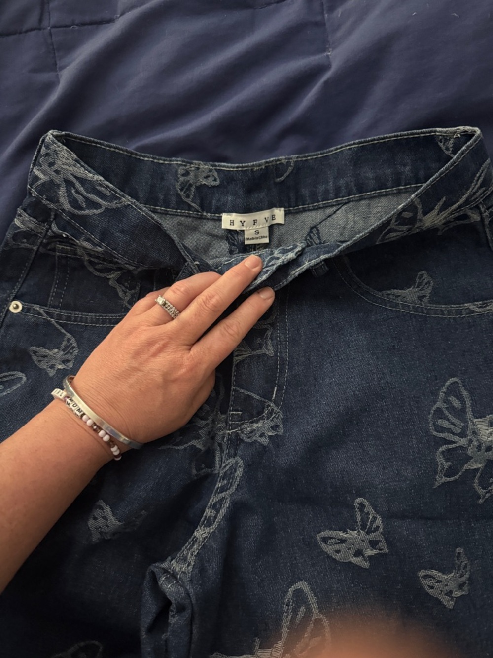 New size small HYFVE Women's Dark Blue Butterfly-Print High-Rise Jeans